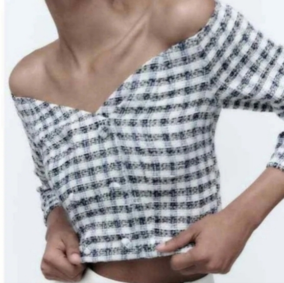 Zara Tweed Off Shoulder Long Seeve Cropped Top Size XS - Picture 2 of 10